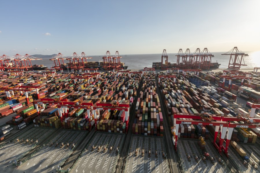 Vista aerea scattata del molo per container del porto di Yangshan a Shanghai. (3 novembre 2020 - Xinhua/Wang Xiang)