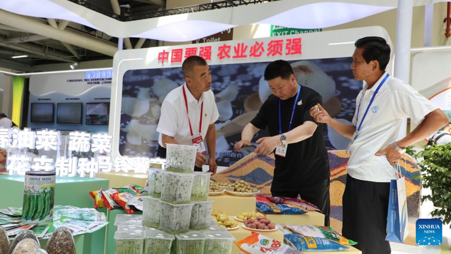 Visitatori vengono informati sui prodotti agricoli durante la 29a China Lanzhou Investment and Trade Fair. (6 luglio 2023 - Xinhua/Zhang Zhimin)