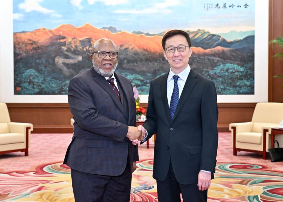 Il vicepresidente cinese Han Zheng incontra il presidente della 78a sessione dell'Assemblea Generale delle Nazioni Unite Dennis Francis a Beijing, capitale della Cina. (30 gennaio 2024 - Xinhua/Yue Yuewei)